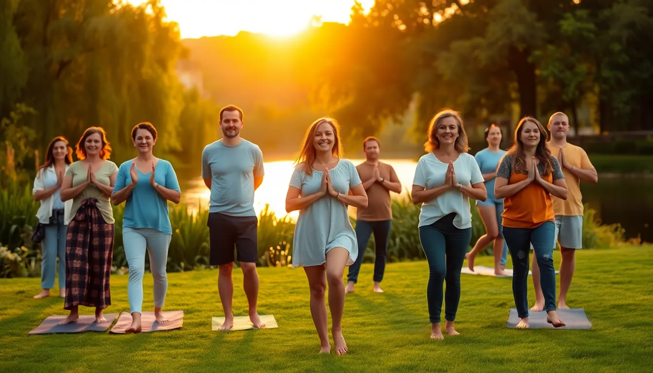 adults practicing mindfulness activities outdoors during sunset.