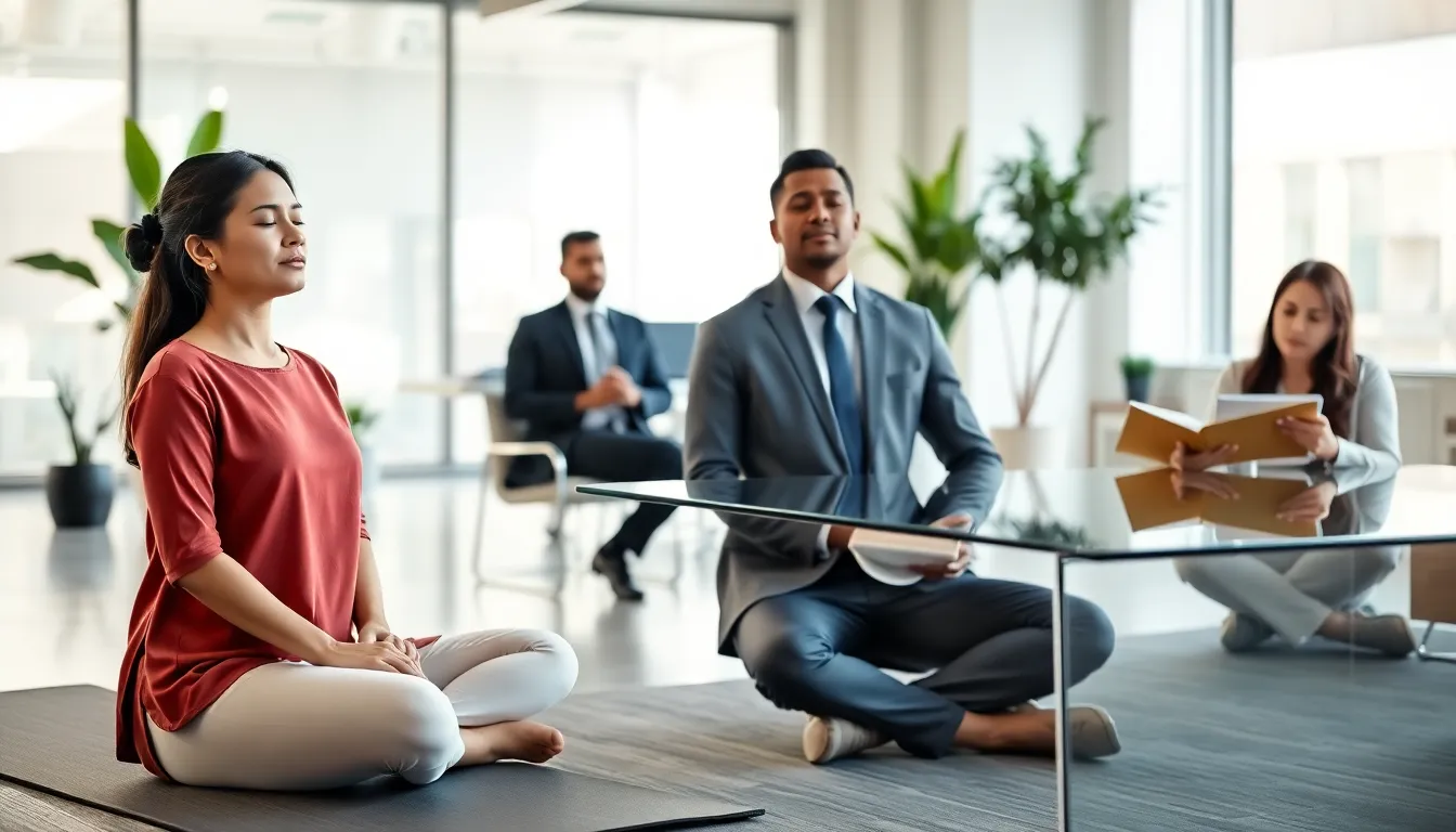 adults practicing mindfulness in a modern office setting.