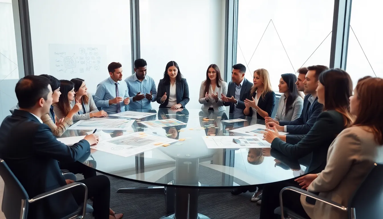 professionals brainstorming creative solutions in a modern office.
