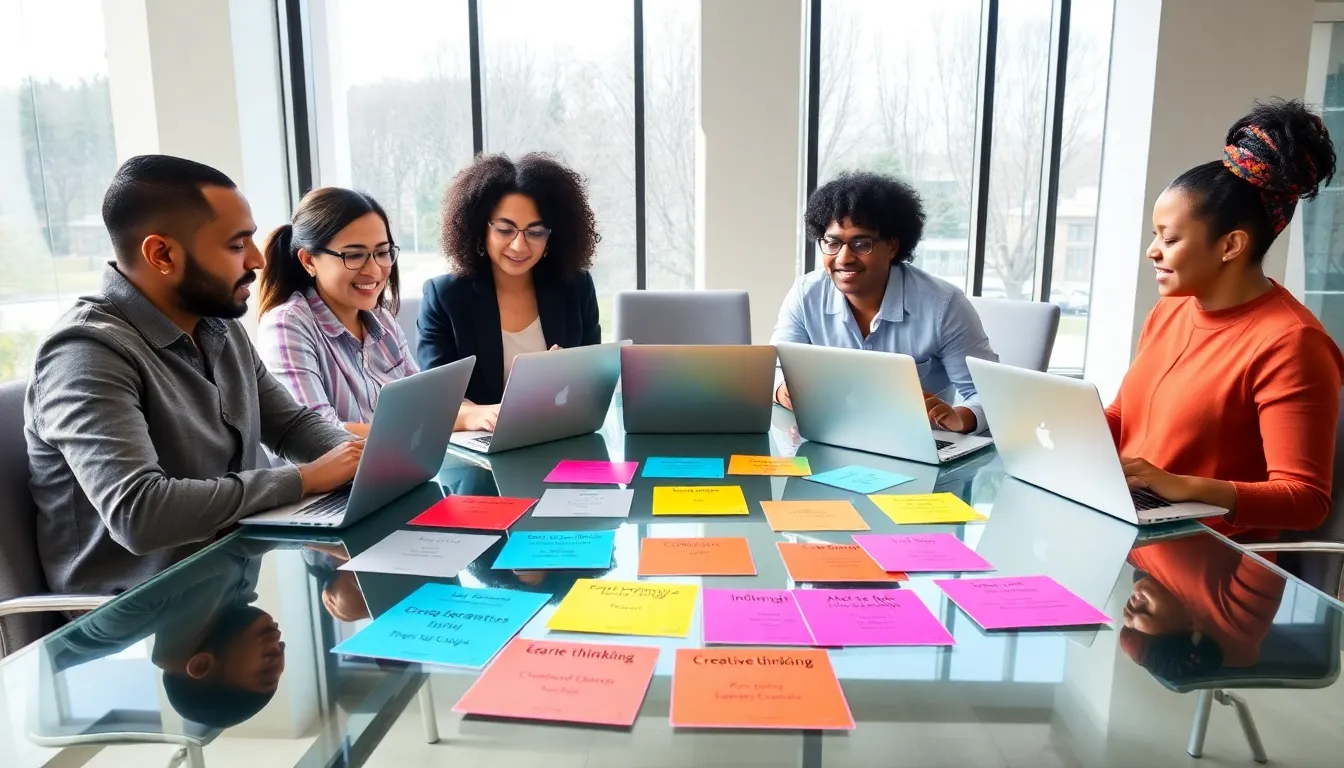 diverse team brainstorming with creative thinking cards in a modern office.